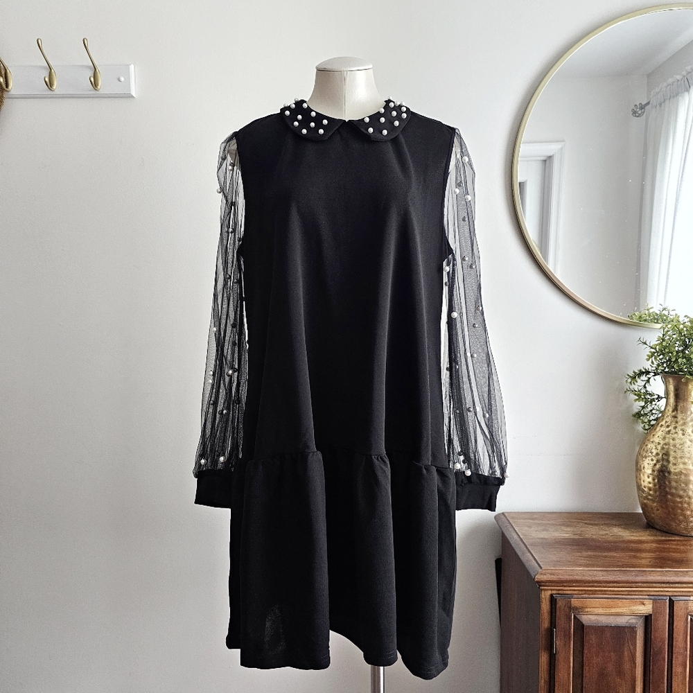 Elegant Pearl Beaded Peter Pan Collar Black Dress with Sheer Bishop Sleeves XL